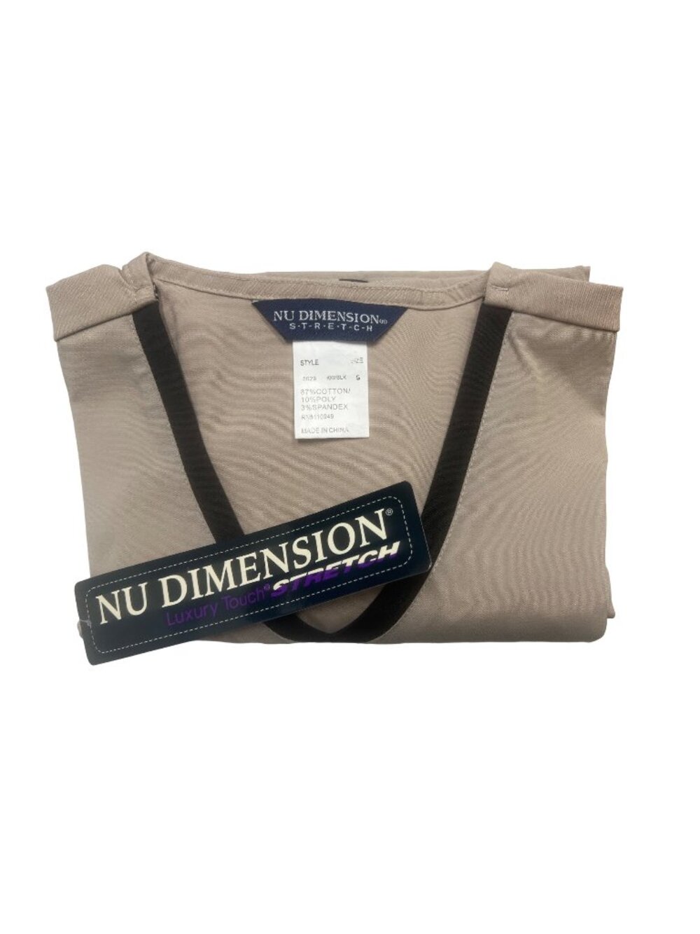 Nu Dimension Khaki Stretch Scrub Top With Contrast Trim & Side Panels